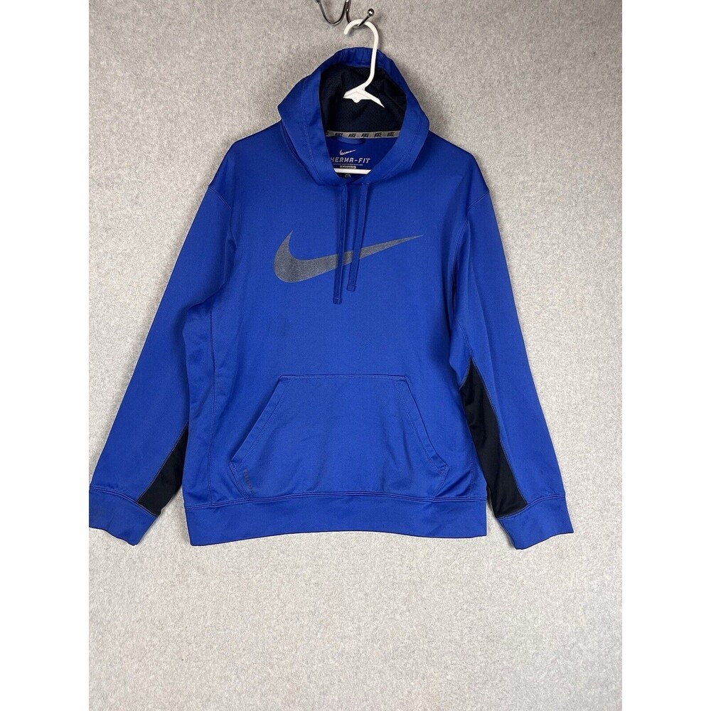 Nike Sweater Men Medium Royal Blue Hoodie Pullover Therma Dri Fleece Big Swoosh